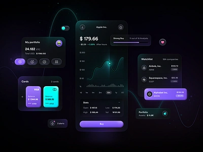 Stock Trading App app app design dark theme design finance fintech fireart fireartstudio glow interfacedesign mobile neumorphism productdesign softui stock trading ui uiux volumetric widget