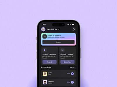 Sonic AI - AI Voice Generator App UI Kit ai app ai voice generator app ui kit complete profile dark mode dark ui edit profile figma ui kit ios ui kit music player onboarding profile questions recorder script to speech ui ui kit voice change app voice changer