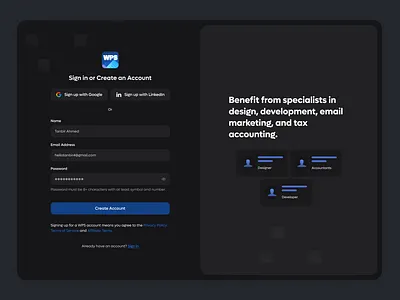 WPS - Create Account Dashboard account creation dashboard account dashboard create account dark mode dark ui dashboard log in form onboarding register saas sign up form ui design
