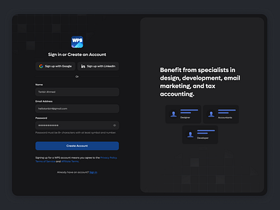 WPS - Create Account Dashboard account creation dashboard account dashboard create account dark mode dark ui dashboard log in form onboarding register saas sign up form ui design