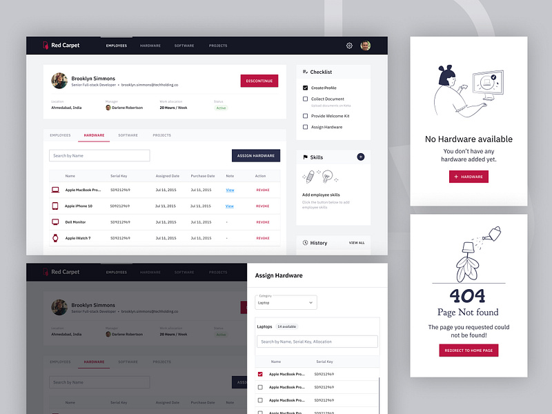 Red Carpet - Hardware & Software admin panel dashboard employee management filter ui design hardware management hr portal app hr solution app inventory dashboard software management ui design ux design uxd visual design web app web dashboard web design