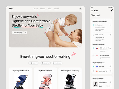 Aby Strollers shop baby card cart design ecommerce minimal mobile shop store stroller ui ux