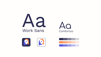 Creative online therapy logo design icons, fonts, and colors. app icon brand identity colors palette communication connection font pairing friendly head icon illustration logo design mental health message icon modern design negative space online therapy orange purple speech startup visual identity