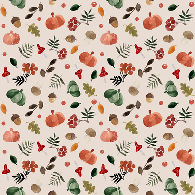 Watercolor seamless pattern of autumn elements acorn autumn fall foliage leaves pumpkin seamless pattern watercolor