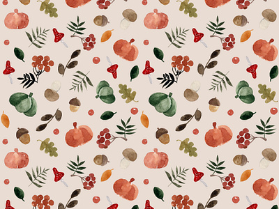 Watercolor seamless pattern of autumn elements acorn autumn fall foliage leaves pumpkin seamless pattern watercolor