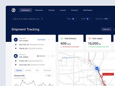 Dynamic Map and List-Based Shipment Tracking Dashboard ai animated ui animation b2b dashboard data driven graph interactive map line chart list view map view progress bar real time logistics route mapping saas shipment shipment monitoring transportation ui ux