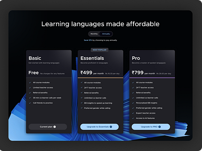 Pricing page exploration for a language learning app colors design patterns pricing product design typography ui