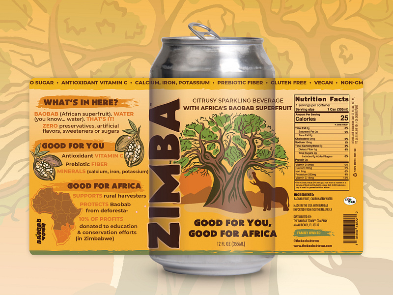 Baobab Superfruit Sparkling Beverage africa african art direction baobab beverage branding can design can label can mockup drink graphic design illustration label layout packaging sparkling water tree tree of life water zimba