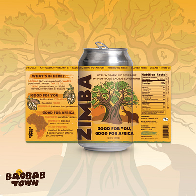 Baobab Superfruit Sparkling Beverage africa african art direction baobab beverage branding can design can label can mockup drink graphic design illustration label layout packaging sparkling water tree tree of life water zimba