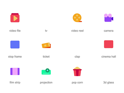 Cinema 2d Icons Set Animation 2d 2d icons 3d glass animation camera cinema hal clap film strip icons icons set illustration minimalistic icons motion popcorn projection stop frame ticket tv video file video reel