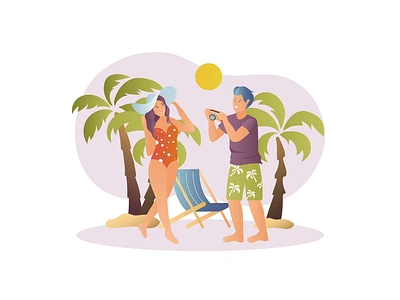 Summer Weekend 2D Animation 2d animation beach beach chair flat illustration leisure time man motion palm summer summer activities summer hat sunny day tropics vacation weekend woman