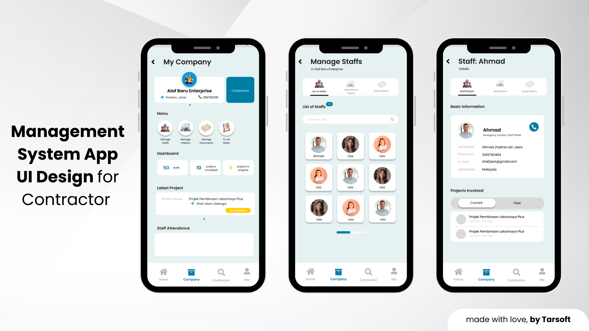 Management System App UI Design for Contractor dashboardcompany managementsystem mobileapp projectmanagementsystem staffmanagementsystem system ui ux