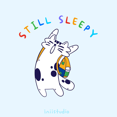 Still Sleepy - Cat Back to School animal back to school cat cat back to school children color cute design digital art funny humor humour illustration joke kids paws procreate school sleepy white cat