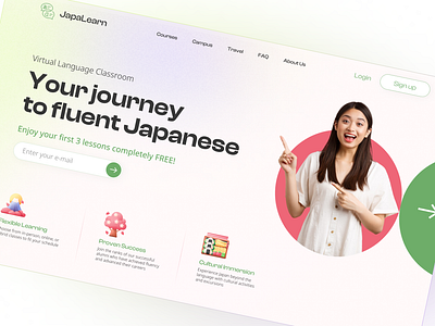 Hero Page for Language Learning School education email green hero hero section hiragana home japanese lesson light online product page school study travel typography ui ux web design website