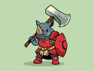 Rhino Knight Mascot Character Cartoon Vector Style art axe branding cartoon character graphic design hammer illustration knight logo mascot rhino shield ui ux vector