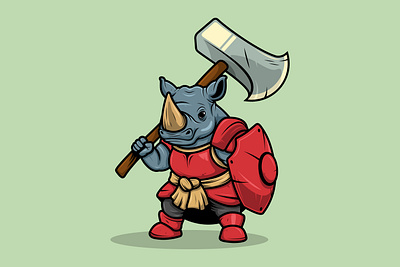 Rhino Knight Mascot Character Cartoon Vector Style art axe branding cartoon character graphic design hammer illustration knight logo mascot rhino shield ui ux vector