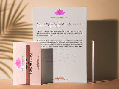 Harmony Yoga Studio - Branding body brand brand design branding easy envelope fitness gym harmony health letterhead meditation mind peace pen soothing soul stationary yoga yoga studio