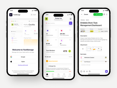 YowManage - Mobile App app design daily task app management app mobile app mobile app onboarding mobile design onboarding screen productivity app productivity design project management app project management mobile app saas mobile saas ui task management task management app task management mobile design task manager app task manager mobile app team collaboration to do list