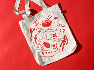 Illustrated Tote for Zing Pantry Shortcuts avocado brand identity branding bread dumplings eggs food illustration food project foodbranding illustration ramen sauce shrimp tomato tote tote bag