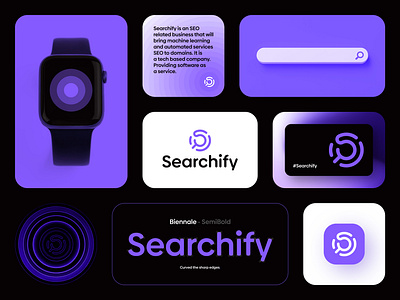 Searchify brand identity brand logo branding brandmark graphic design logo logomark minimal mockup modern purple logo search logo seo watch ui