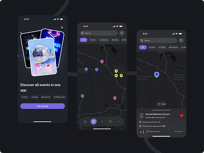 Event Discovery App UI Design apple style clean design clubs concerts dark mode disco event discovery events filter map mobile app rounded buttons search bar ui ux