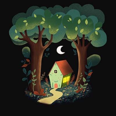 A Forest House Shines Warmly Under the Moonlight dark digital art digital painting forest graphic design house illustration moon night procreate shine tree warm