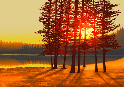 Sunset Glow Through the Trees by the Lake animation brown digital art digital painting forest golden hour graphic design illustration lake landscape orange procreate shadow shine summer sunset tree