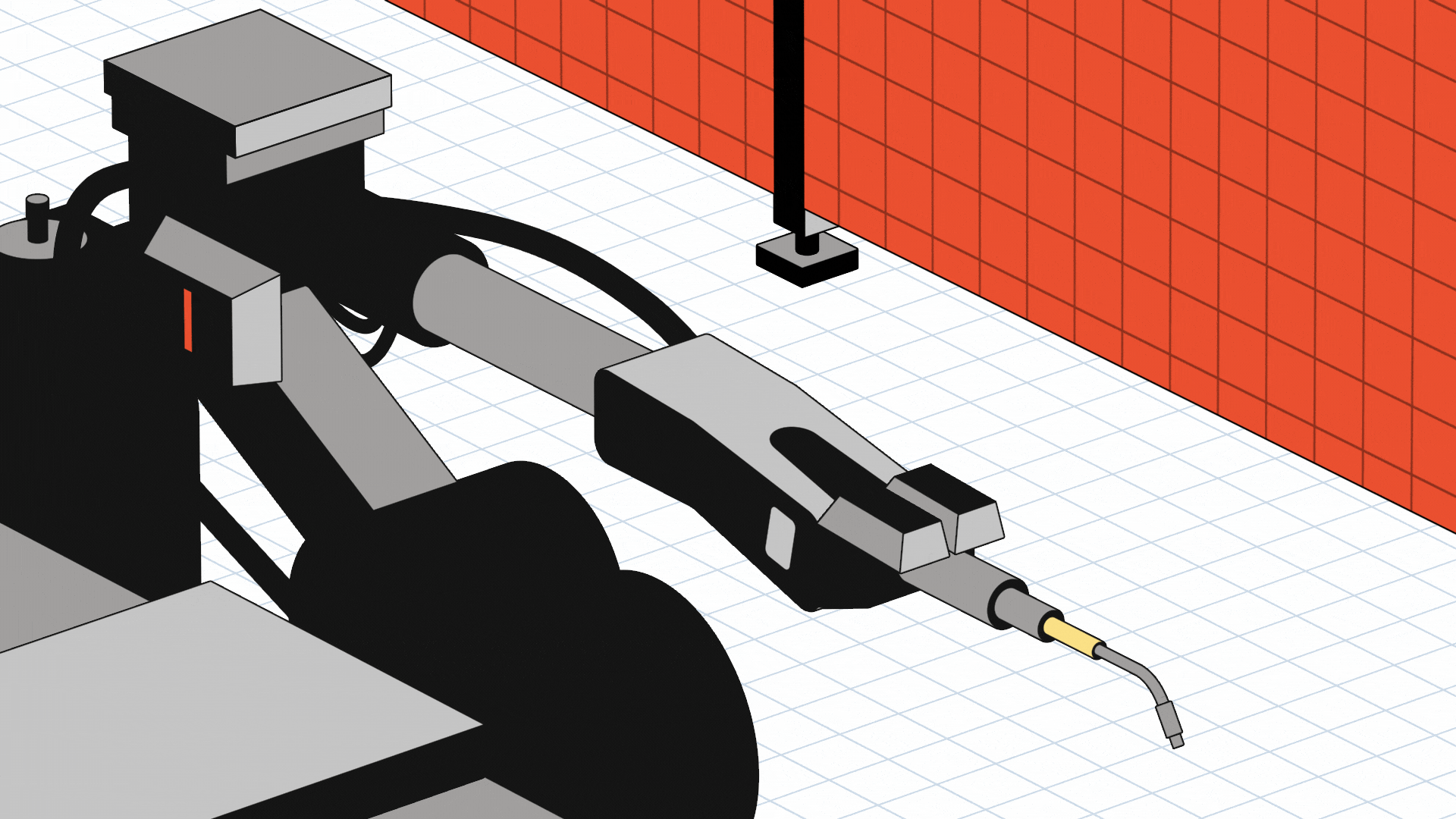 Path Robotics - Features 3d ai animation business camera move dark floor gray grid highlight machine motion graphics orange robot robotics seam turn typewriter vector welding