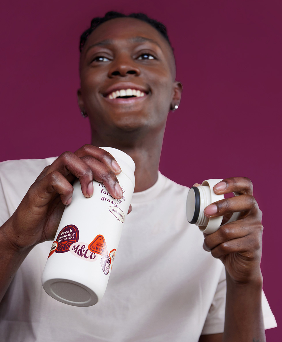 Tumbler Swag for Mailchimp badge badges coffee mug coffee thermos coffee tumbler conference swag corporate swag fruit sticker giveaway illustration intuit mailchimp kinto mailchimp merch price tag sticker swag thermal tumbler thermos tumbler