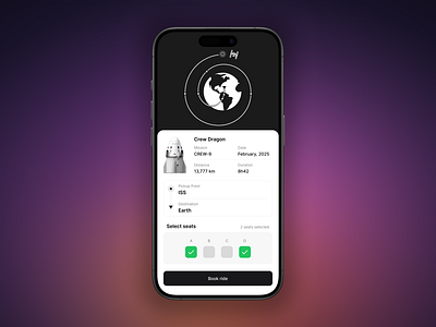 SpaceX Ride Hailing App app design booking crew dragon earth ios ios app iphone iss mobile mobile app ui ride ride hailing ride sharing space space mission space travel spacex travel ui user interface