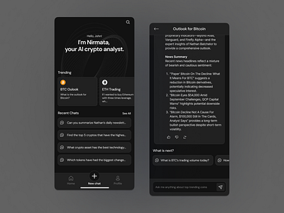 Nirmata: AI Powered Crypto Analyst app design chatbot crypto ui design
