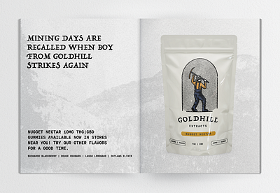 Goldhill strikes again adventure branding cbd design gold illustration mine mining outdoors packaging design pouch pouch design retro simple summer thc weed weed gummies weed gummys