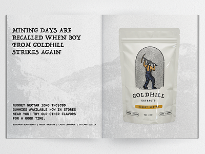 Goldhill strikes again adventure branding cbd design gold illustration mine mining outdoors packaging design pouch pouch design retro simple summer thc weed weed gummies weed gummys