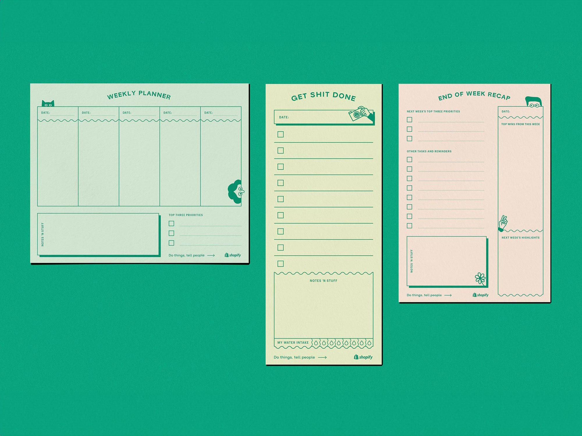 Shopify Productivity Planners brand design brand identity checklist design graphic design illustrated branding illustrated merch illustration merch planner planners post it printed productivity planners risograph shopify swag to do list typography vector