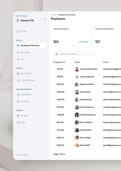 Employee Directory dashboard design fintech hr hrm payroll ui uiux ux