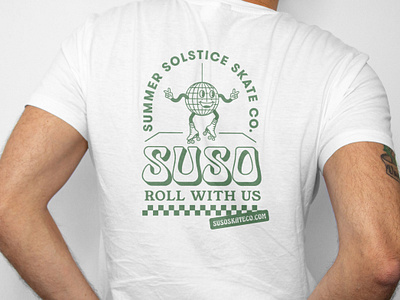 SUSO Skate Co Roller Rink Shirt brand identity brand illustration character illustration dancing disco disco ball disco ball illustration illustration merch party peace out peace sign retro retro illustration roller rink roller skate rollerskating shirt swag design tshirt