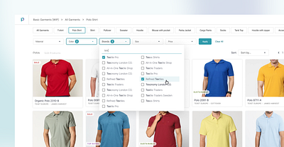 Filtering Products | Search and Select application b2b cards clothing configurator app design desktop feature figma filter filters garments illustration multi select product cards search ui ui design ux design web app