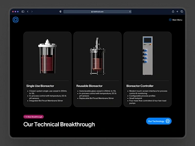 biothrust: The Bionic Bioreactor | Product Lineup Technology UI 3d biology website biomanufacturing biomanufacturing website bioreactor bioreactor landing page biotech biotech landing page biotech ui biotech web design biotech website biotechnology blue clean dark mode minimal modern science website simple technology ui