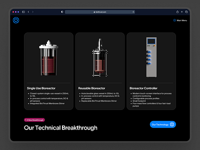 biothrust: The Bionic Bioreactor | Product Lineup Technology UI 3d biology website biomanufacturing biomanufacturing website bioreactor bioreactor landing page biotech biotech landing page biotech ui biotech web design biotech website biotechnology blue clean dark mode minimal modern science website simple technology ui