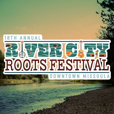 18th Annual River City Roots Festival Logo cartoon country festival fire folk graphic design illustration logo missoula montana music nature outdoors playful river smokey sunset typography vector western