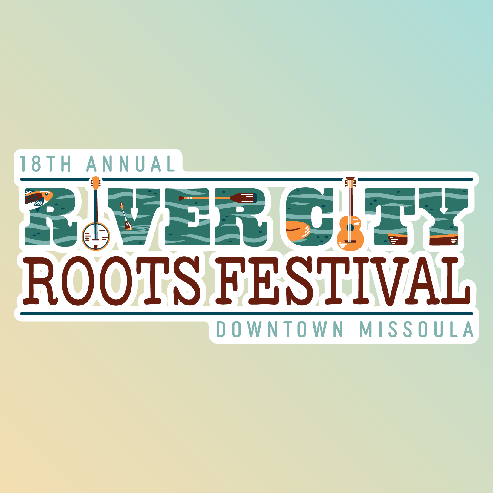 18th Annual River City Roots Festival Logo banjo canoeing cartoon festival graphic design illustration missoula montana music festival nature outdoors playful river sunset trout typography vector water western