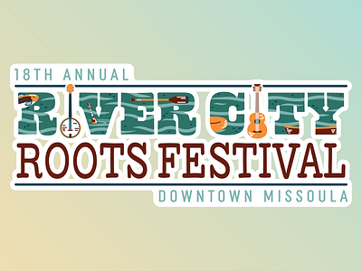 18th Annual River City Roots Festival Logo banjo canoeing cartoon festival graphic design illustration missoula montana music festival nature outdoors playful river sunset trout typography vector water western