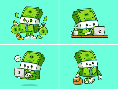 Money Mascot Character💸💰 branding business cartoon character coin currency cute dollar doodle finance flat icon illustration laptop logo money suitcase working