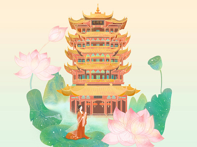 Yellow Crane Tower Illustration graphic design