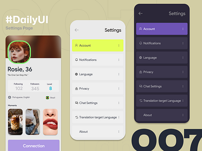 Daily UI Challenge 007 Settings Page app app design branding dailyui design ui uiux ux uxuidesign