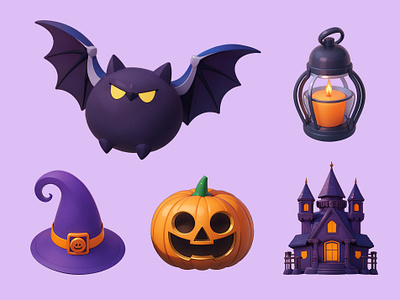 Halloween Icon Cartoon Illustration 3d bat branding cartoon castle cute design halloween hat icon illustration pastel pumpkin rendering