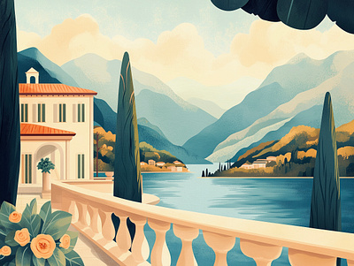 Life on Lake Como art clouds como design garden gold season illustration illustrator lake landscape mountains nature old money procreate retro poster rich terrace trees view villa