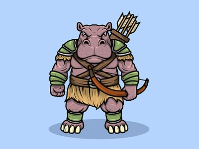 Hippo Archer Warrior Character Mascot Cartoon Style animal art branding cartoon character design graphic design hippo illustration illustrator logo mascot sticker ui ux vector viral