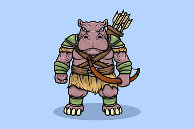 Hippo Archer Warrior Character Mascot Cartoon Style animal art branding cartoon character design graphic design hippo illustration illustrator logo mascot sticker ui ux vector viral