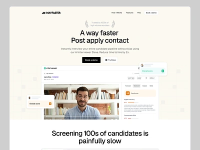 AI candidates interview - Landing Page big header candidate evaluation clean header cta design header hero hero section hiring experience hr hr page landing page hr process landing page problem and solve problem solving recruit recruitment process ui webdesign website